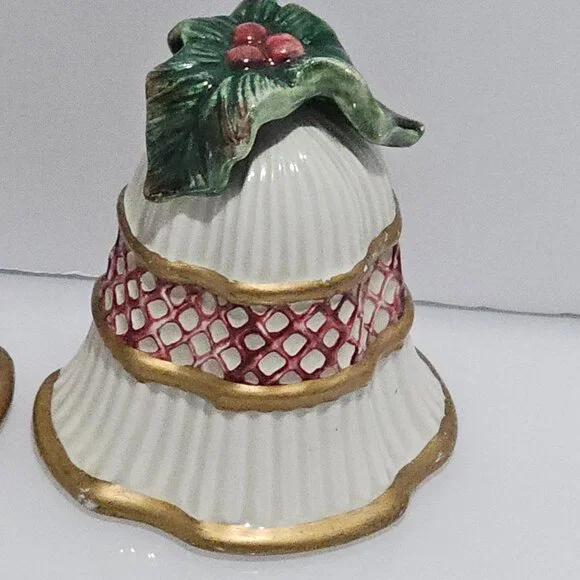Fitz Floyd Christmas Bells Salt Pepper Shaker Set 3" handpainted vtg Holiday cer - Picture 3 of 7